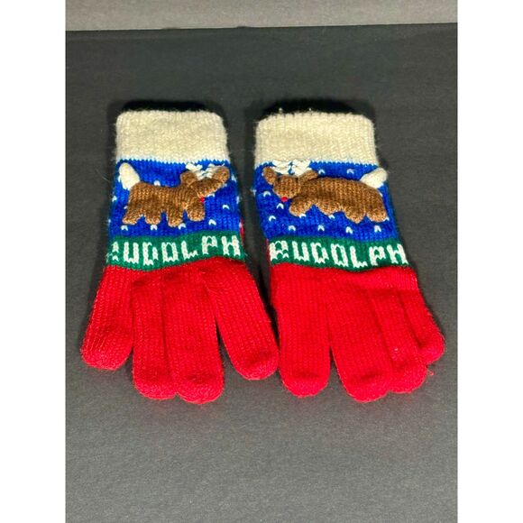 Rudolph the Red Nosed Reindeer Kids Knit Gloves Red Blue Holiday Christmas - Picture 1 of 3